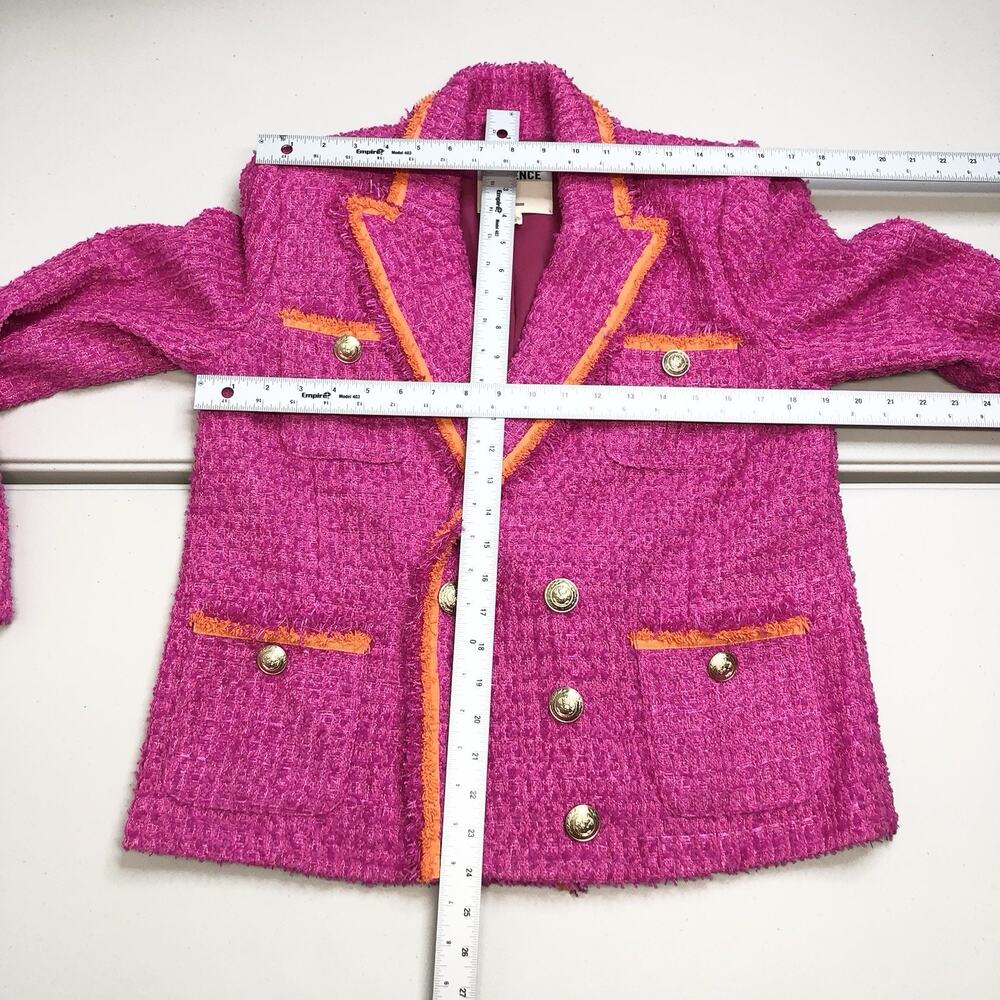 L'AGENCE Hot Pink Tweed Double-Breasted Blazer with Orange Trim - Picture 4 of 13